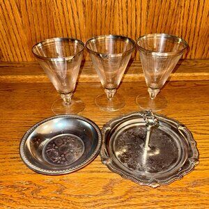 Vintage Silver Set of 3 Glasses and 2 Trays